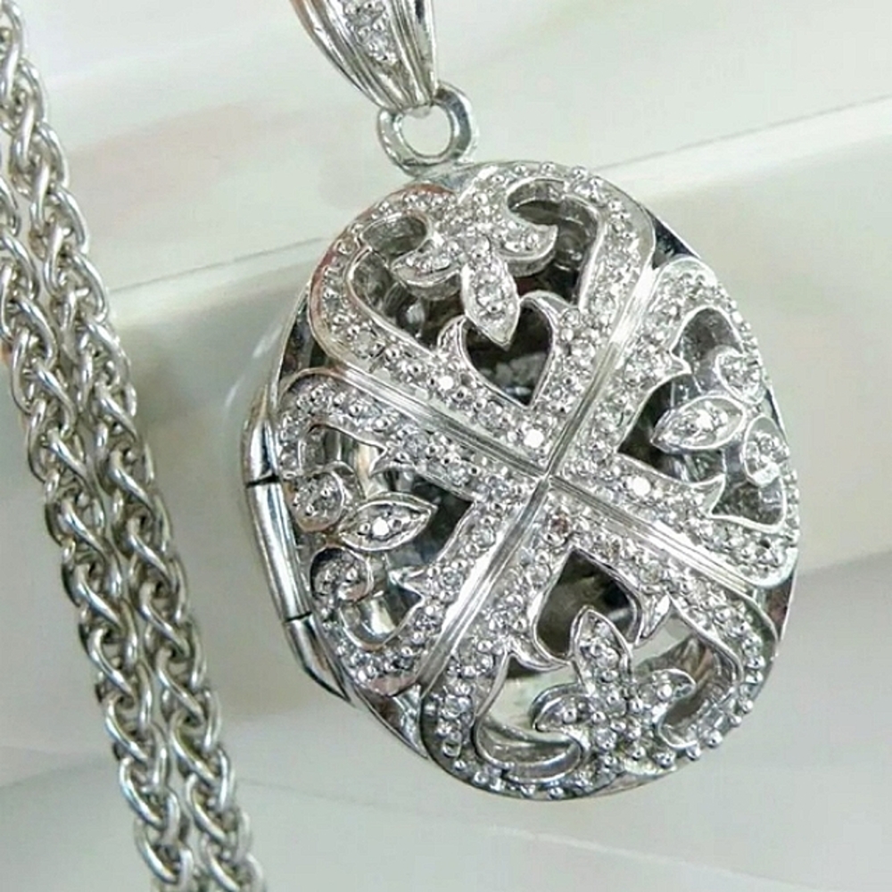 Vtg. Natural Diamond Sterling Sil. Locket Necklace